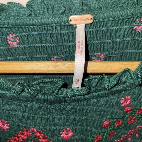 Free People Forest Green Blouse with Pink Embroidery size medium - Picture 3 of 5